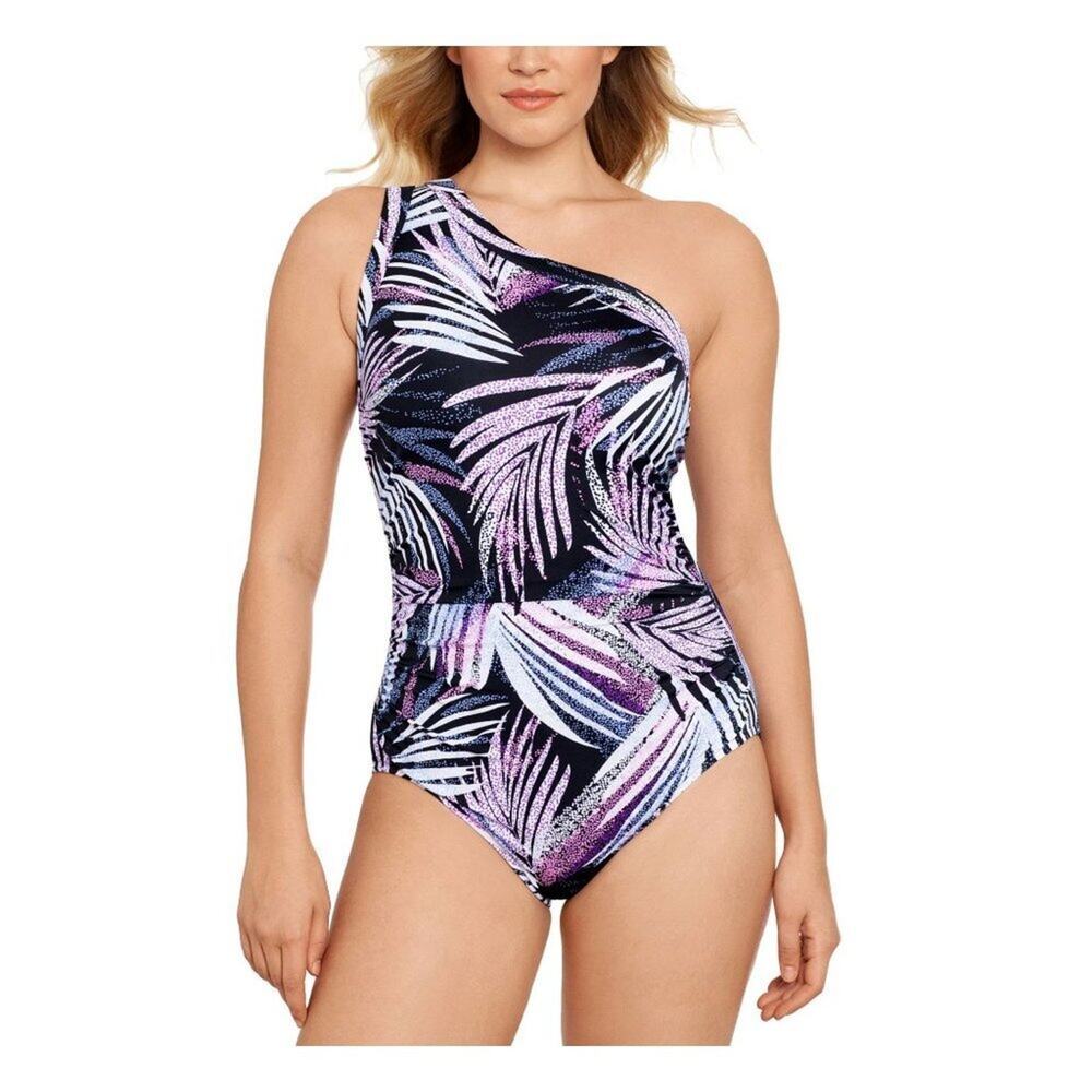 Women's Swim Solutions Black Printed Tummy Control One Shoulder Swimsuit 8